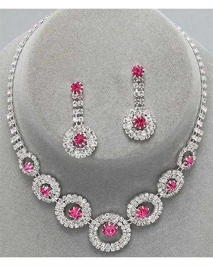 PinkCircularRhinestoneNecklace - Pink