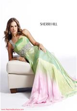 2012 Sherri Hill Prom Dresses 7403.  Available in Aqua/Lime, Coral/Aqua, Fuchsia/Purple, Green/Pink, Orange/Taupe