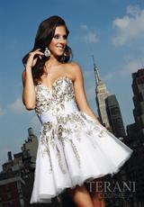 2012 Terani Prom Dresses P265.  Available in Black/Gold, White/Gold, White/Pink
