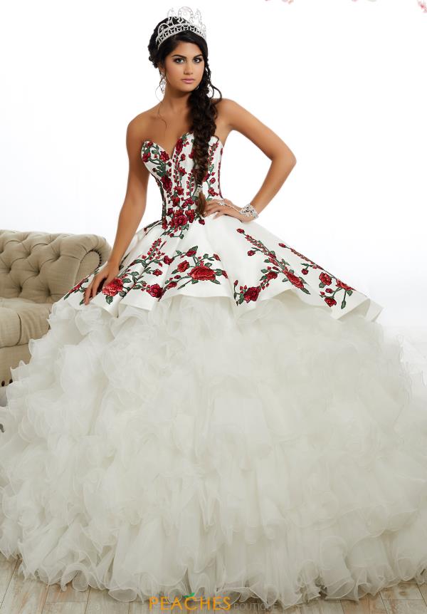 white quinceanera dress with red roses