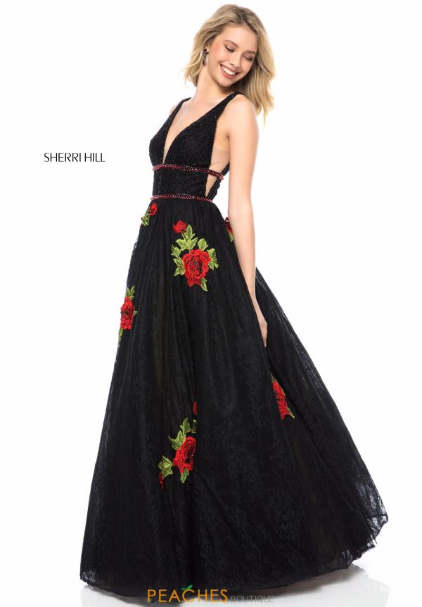 sherri hill red and black floral dress