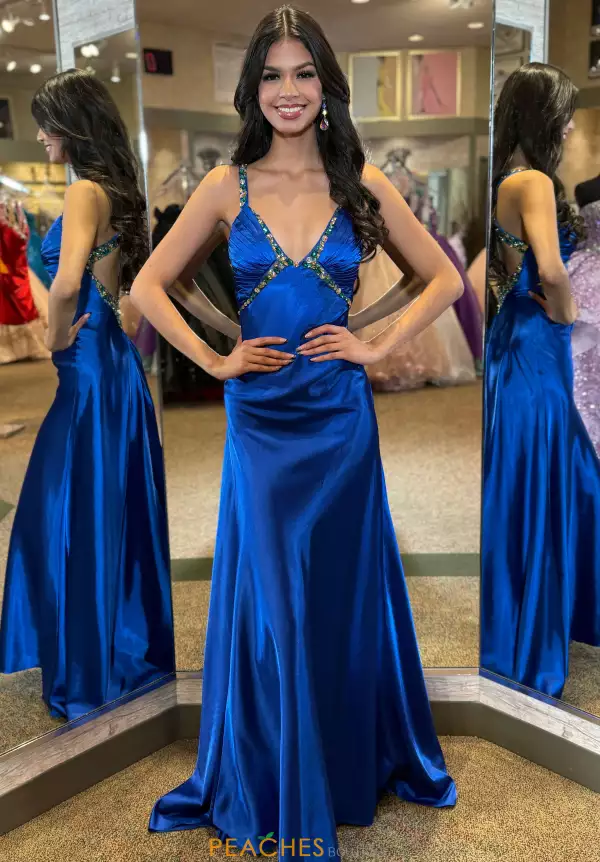 Beaded V Neck Satin Long Dress 4321