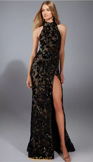 Beaded High Neckline Slit Dress 61979