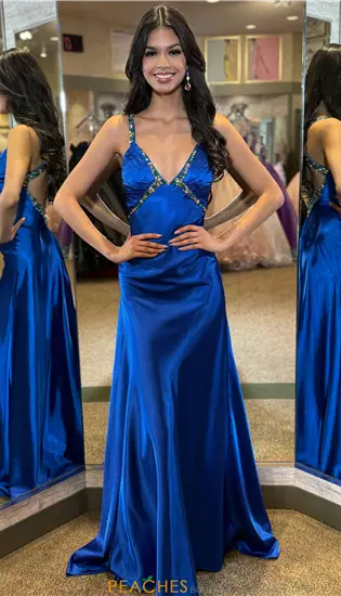 Beaded V Neck Satin Long Dress 4321