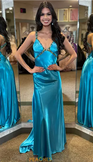 Beaded V Neck Satin Long Dress 4321